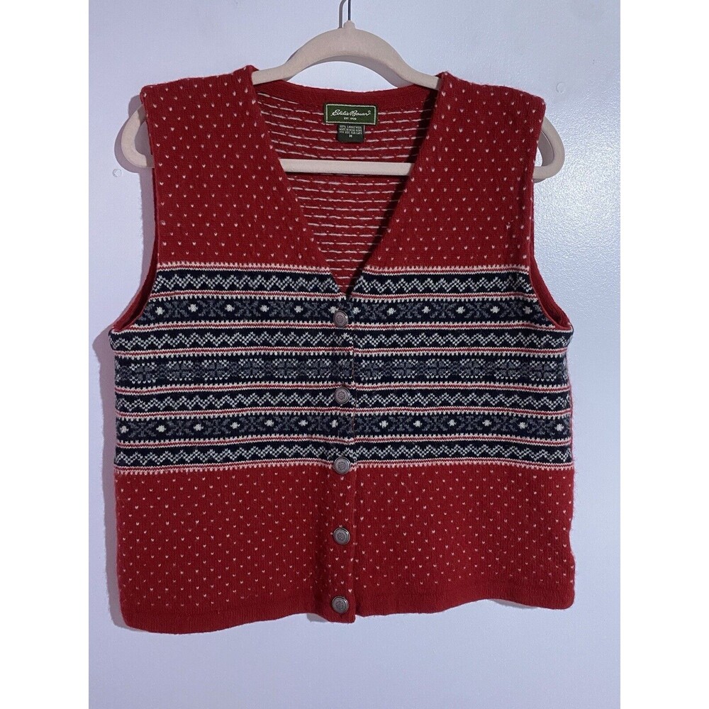 Vtg‎ Eddie Bauer Vest M Red Black Lambswool Nordic Retro Western 80s Fair Isle